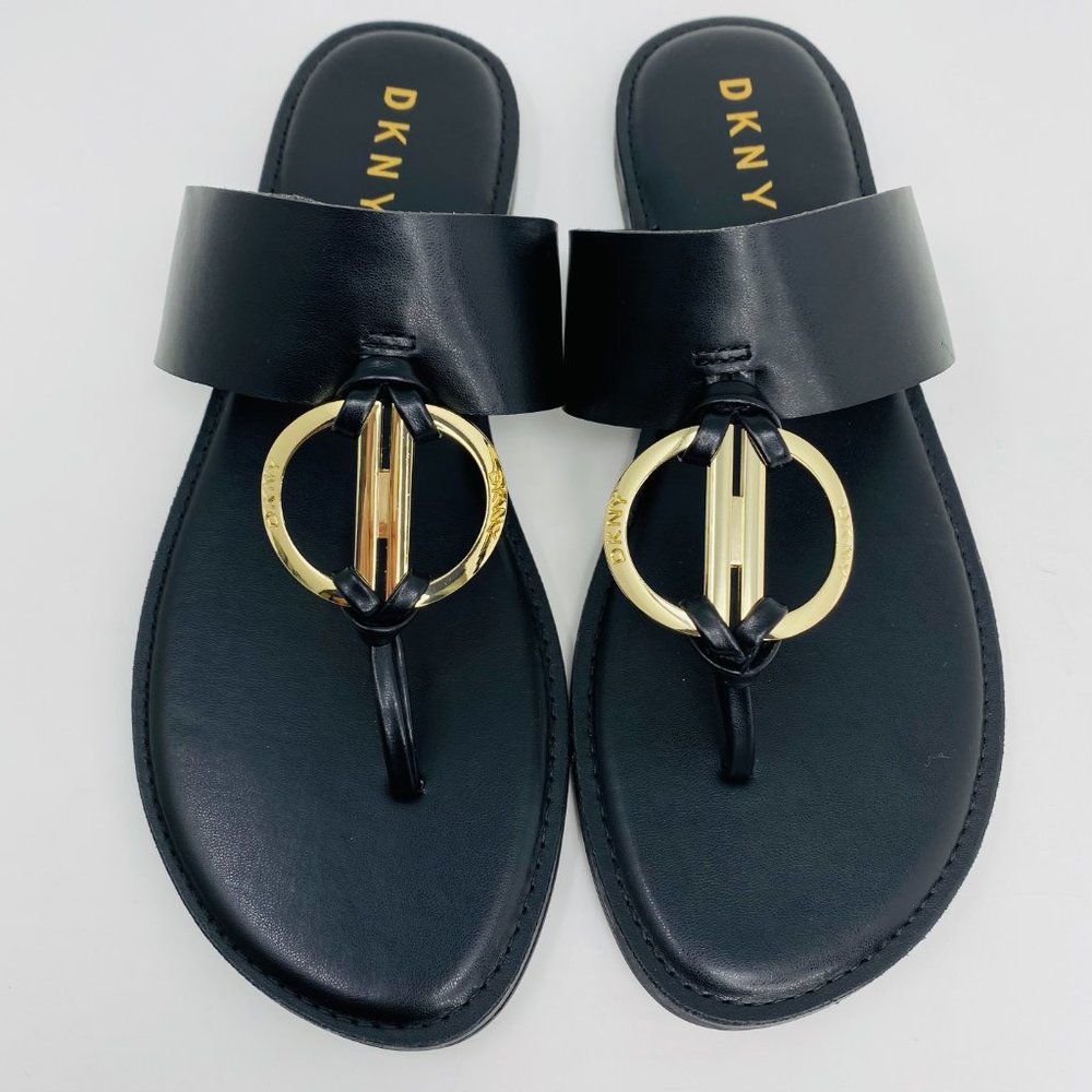 DKNY Gold Accent Thong Sandals | Size 7.5 | Black & Metallic Gold